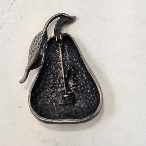 Pewter Rhinestone Pear Fruit Brooch Pin Silver Tone Food Costume Jewelry Vintage - Picture 4 of 6